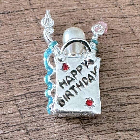 Sterling Silver Detailed Happy Birthday Gift Bag Charm with 4 Ruby Birthstones. - Picture 6 of 6
